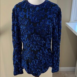 Vintage Stenay Royal Blue Black Silk Beaded Formal Top Size M EUC